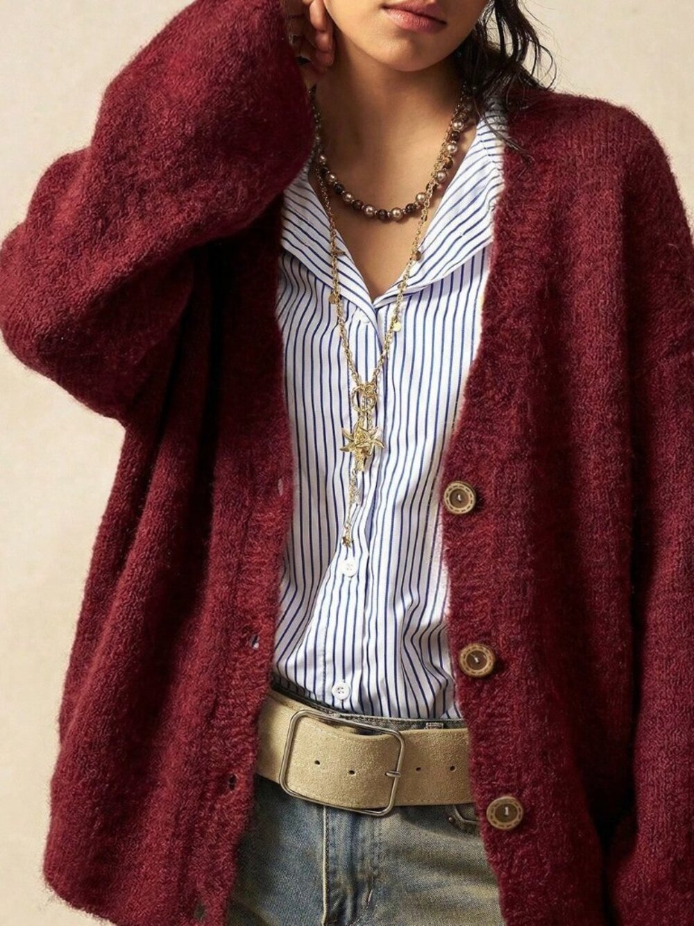 Burgundy Casual Women's Loose Front Button Long Sleeve Knit Cardigan - Picture 3 of 8